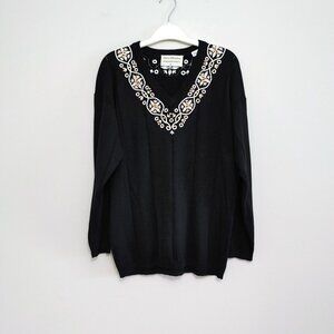 Marisa Christina Beaded V  Neck Sweater Women's Size Small Black Acrylic Blend